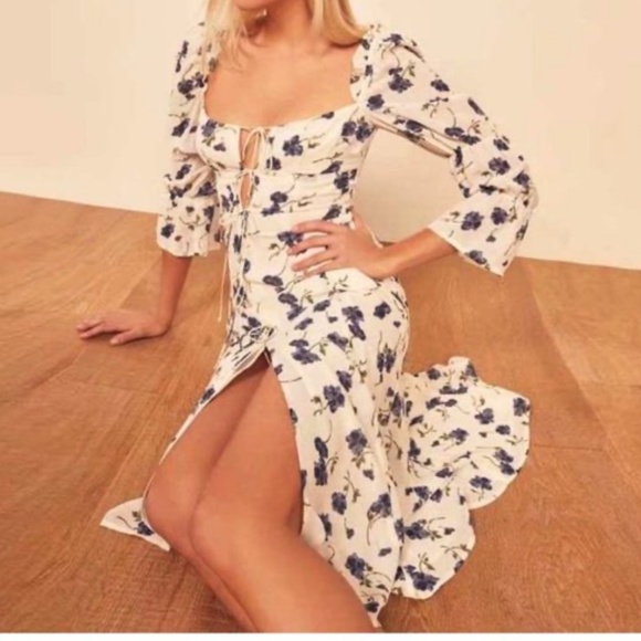 Bohemian Off White Blue Floral lace up Midi Dress Gypsy - Picture 9 of 11